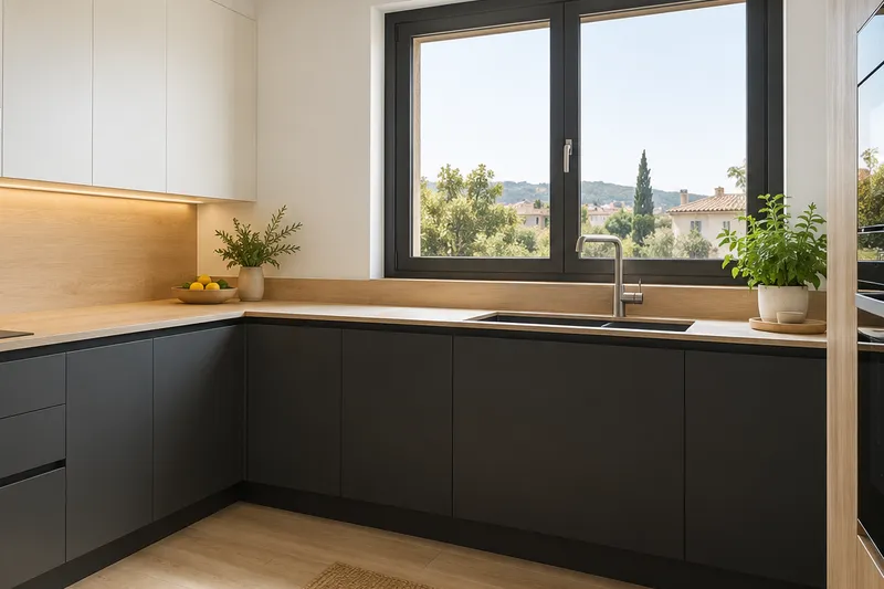 Visualización conceptual IA de cocina: Cocinas de Hugo Serrano. Detalle de materiales y distribución.