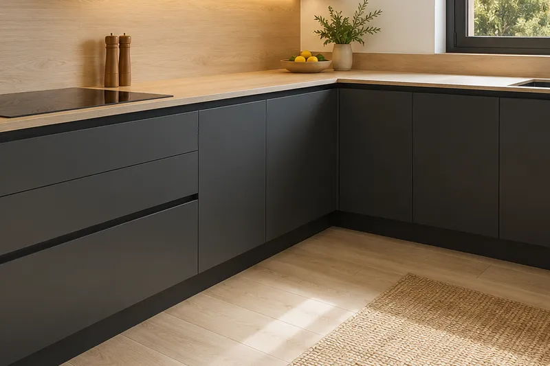 Visualización conceptual IA de cocina: Cocinas de Hugo Serrano. Detalle de materiales y distribución.