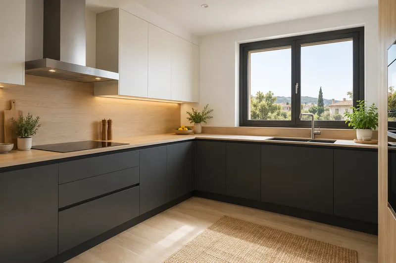 Visualización conceptual IA de cocina: Cocinas de Hugo Serrano. Vista del espacio y su mobiliario.